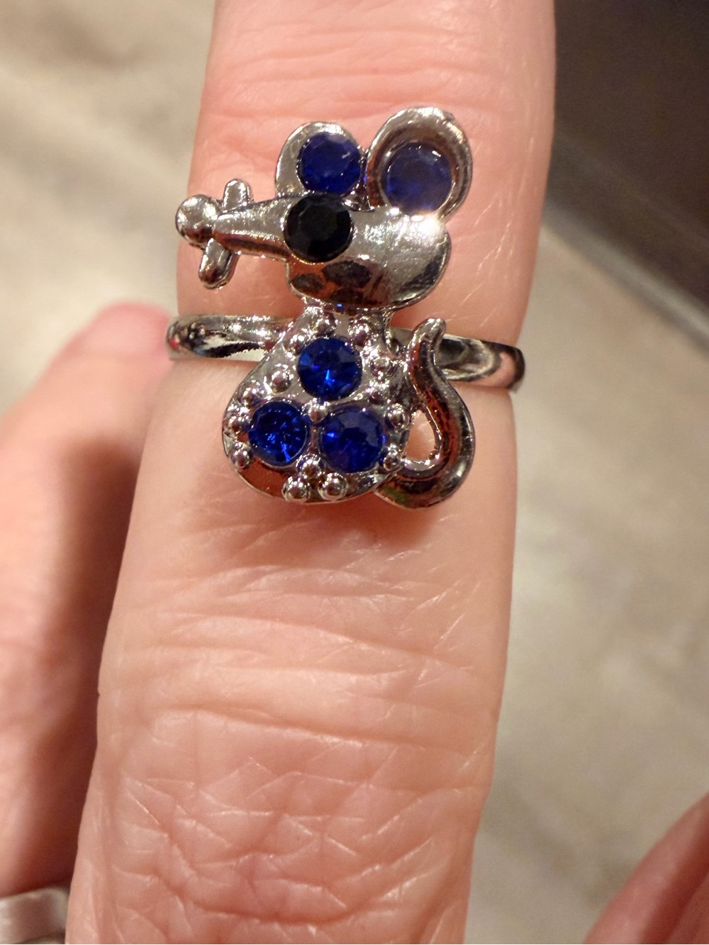 Silver Mouse adjustable Ring with Blue Crystal Accents